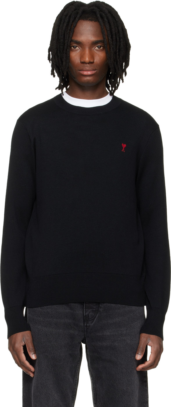 Black Wool Contrasted Ami de Coeur Crewneck Sweater