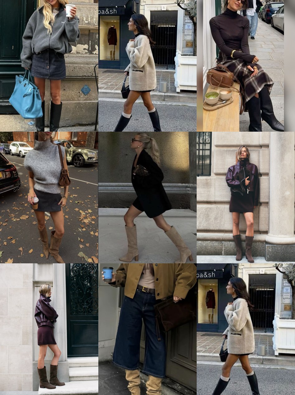 Street style collage of women wearing knee high boots with skirts and jeans