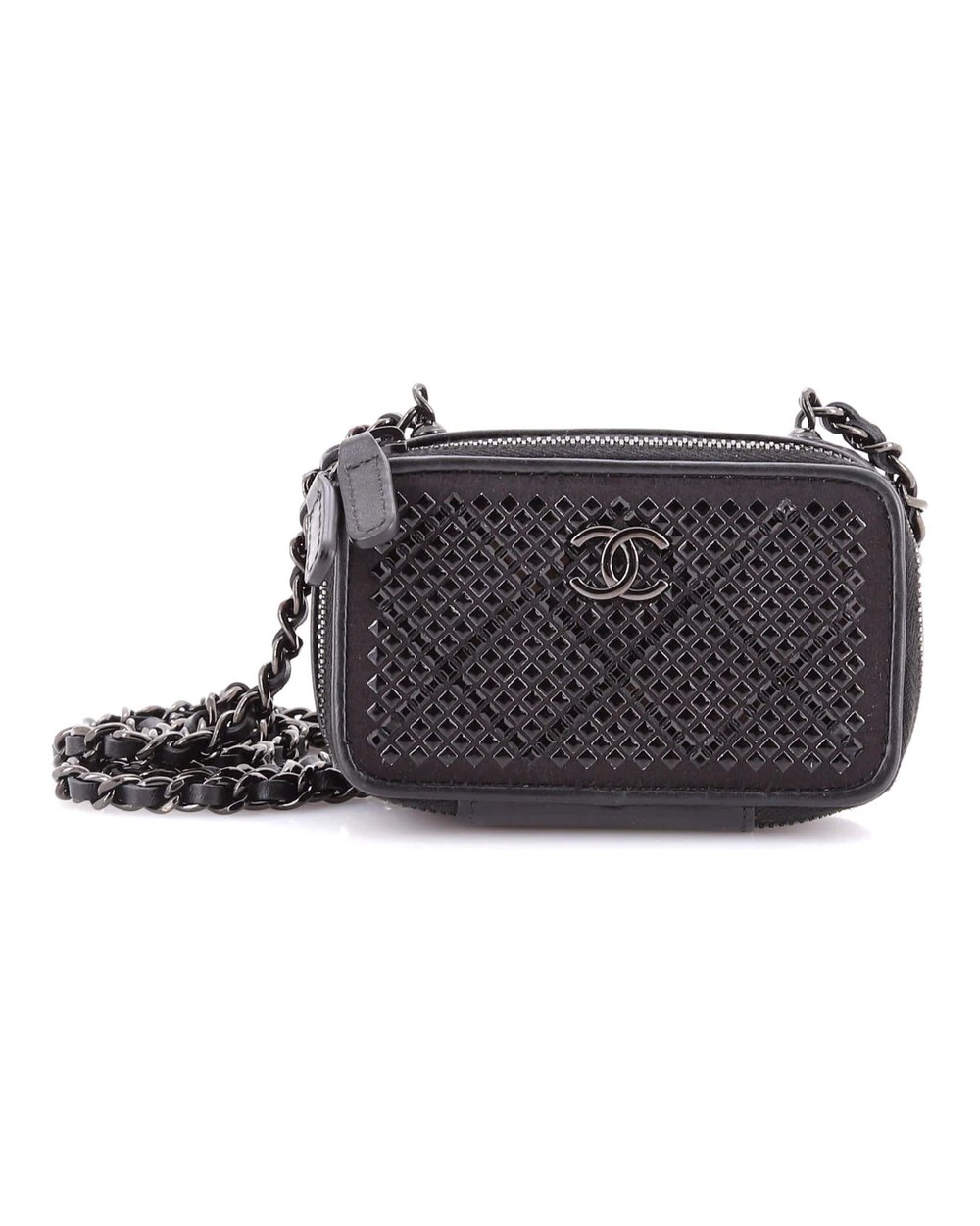 So Black Zip Around Vanity Clutch with Chain Crystal Embellished Satin with Leather
