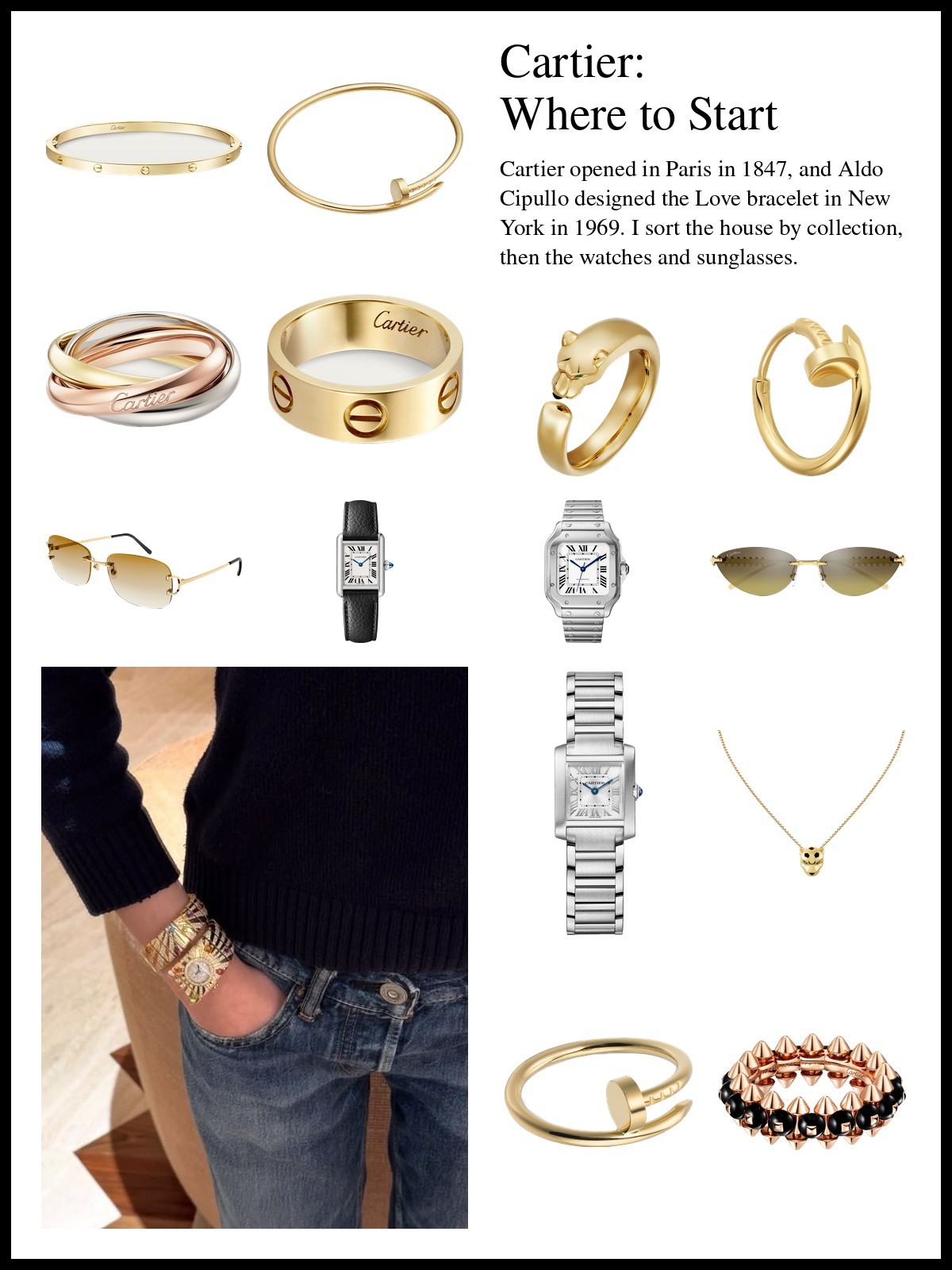 Collage of Cartier pieces: a Love bracelet and Juste un Clou bracelet, Trinity and Love rings, a Panthère ring, a Juste un Clou hoop, Signature C and cat eye sunglasses, Tank Must, Santos and Tank Française watches, a Panthère pendant, a Juste un Clou ring and a Clash ring, with a photo of gold watches and bracelets on a wrist against a navy knit and jeans.