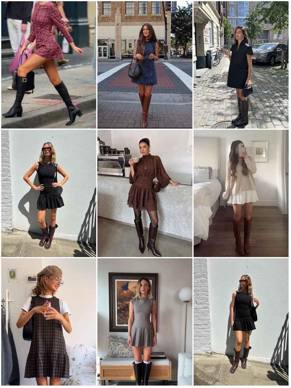 Street style collage of women wearing drop waist dresses with tall boots