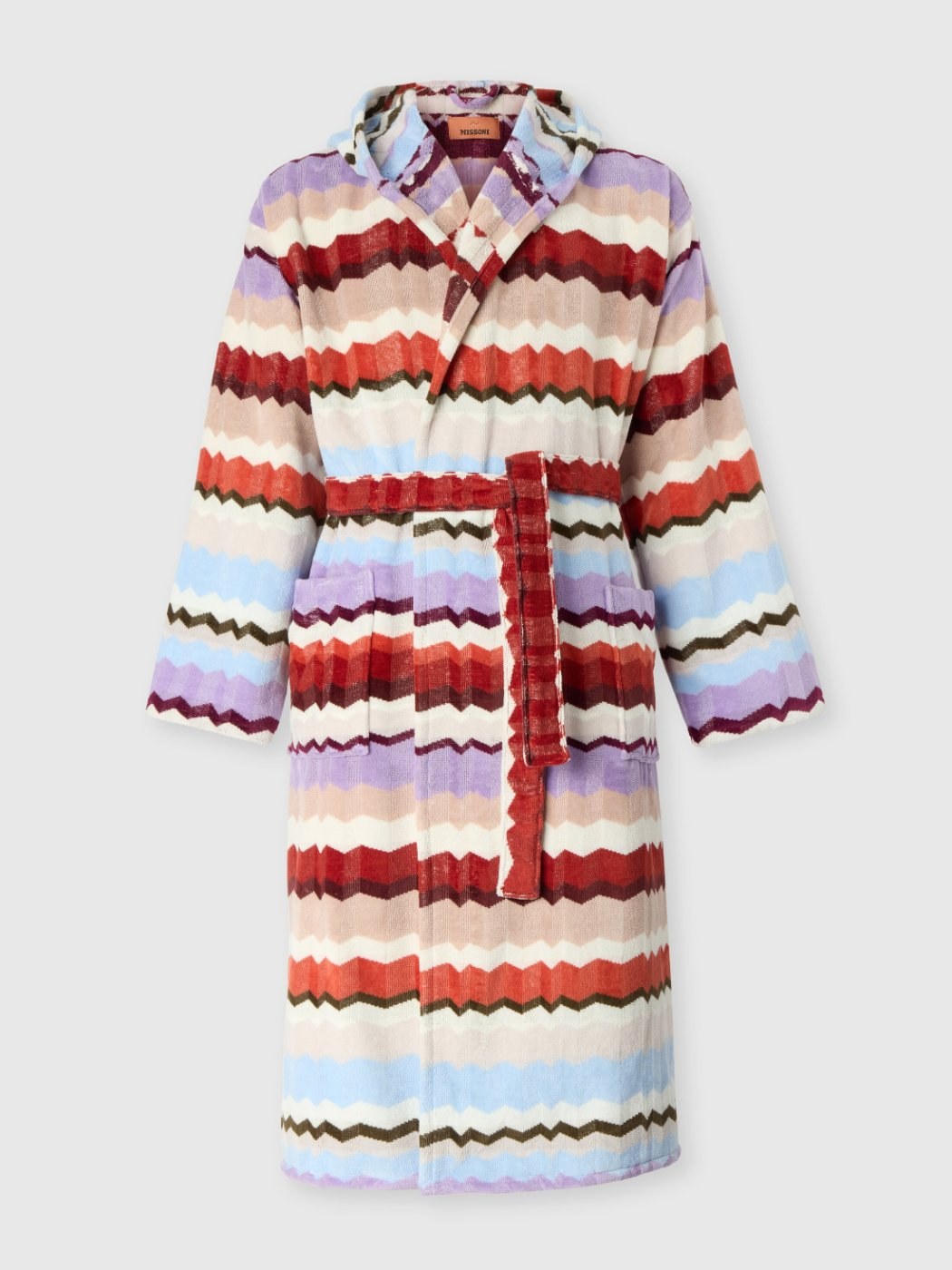 Eva Hooded Cotton Terry Bathrobe in Red Multicoloured