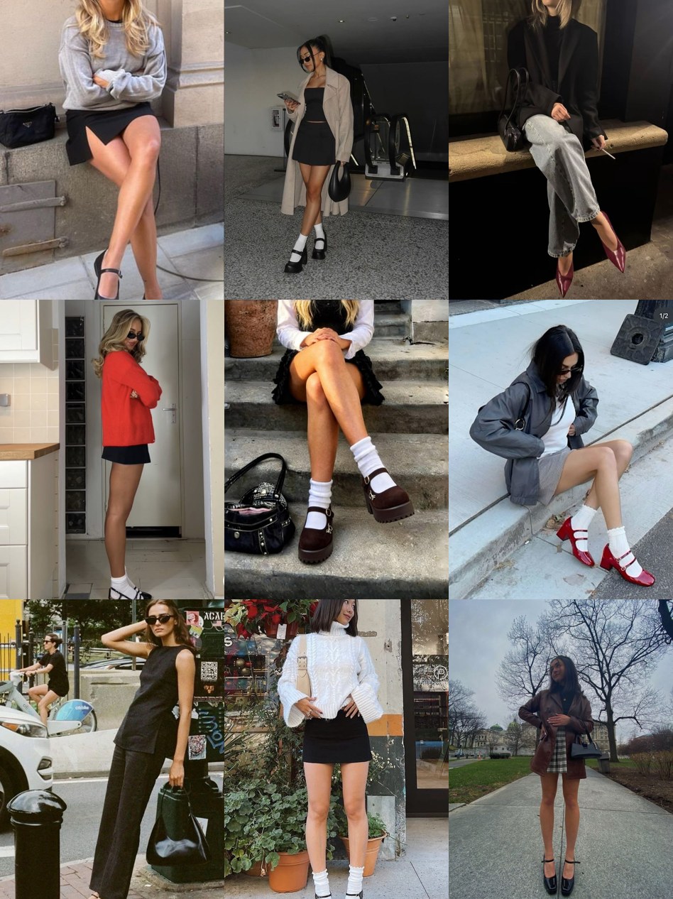 Street style collage of women wearing platform heels with trousers, jeans and skirts
