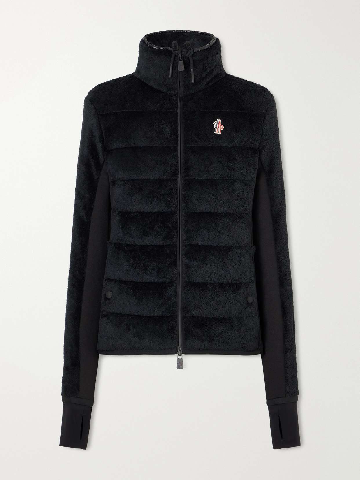 Quilted padded jersey-trimmed plush down zip-up cardigan jacket