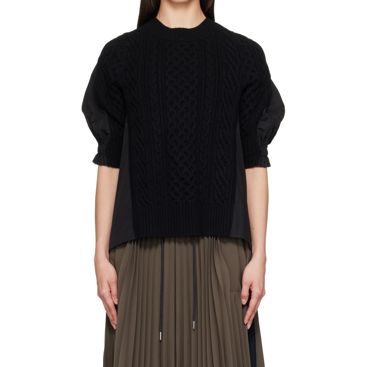 Black Wool Knit x Cotton Poplin Pullover Sweater