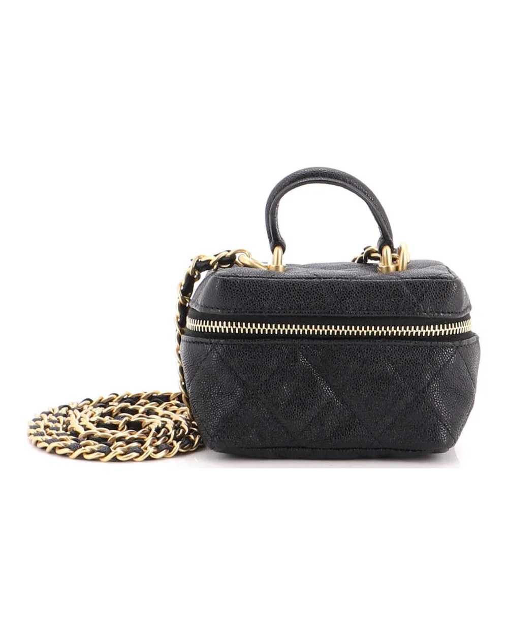 Top Handle Zip Around Vanity Case with Chain Quilted Caviar Mini