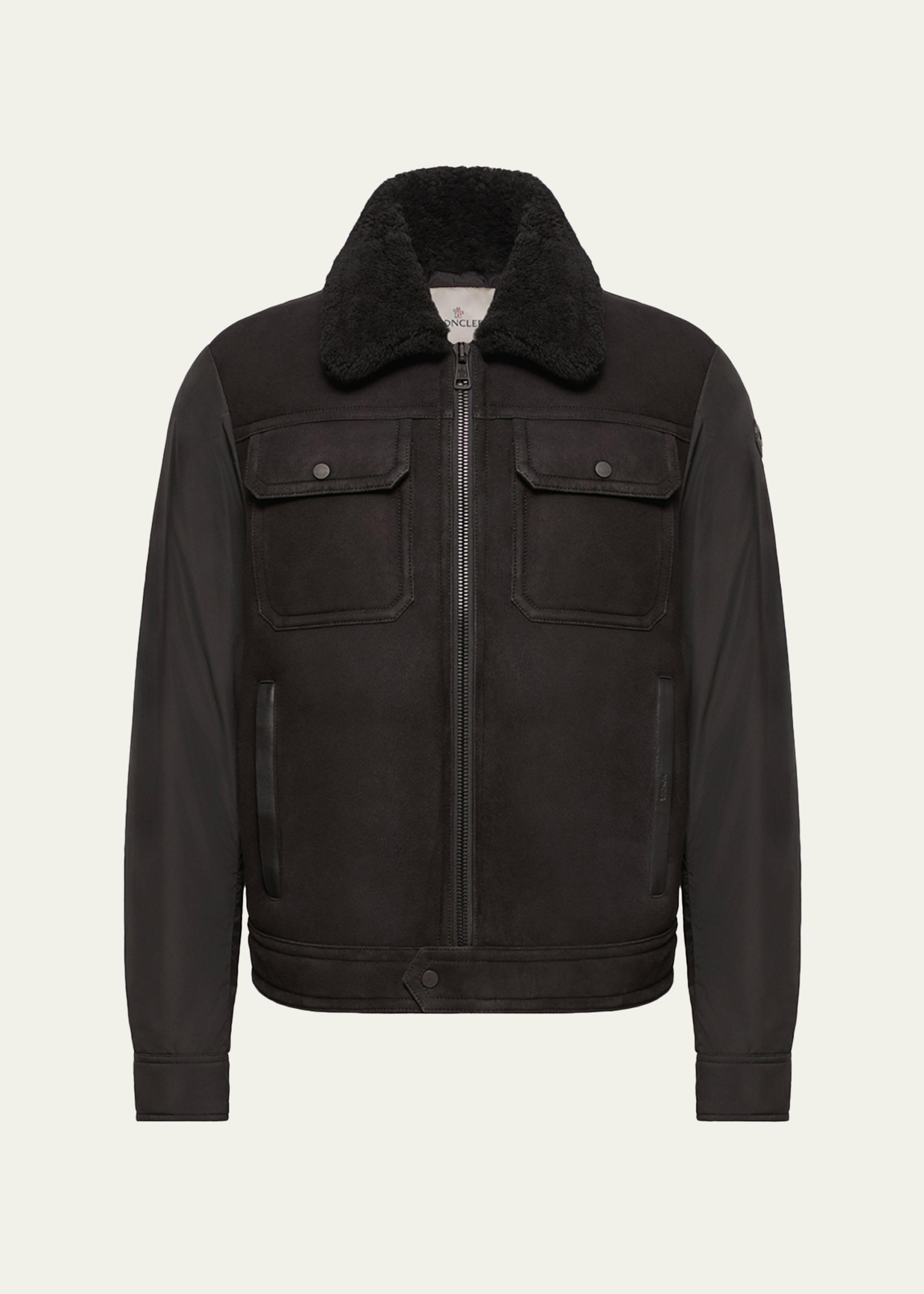 Men's Hybrid Suede Shearling-Collar Aviator Jacket
