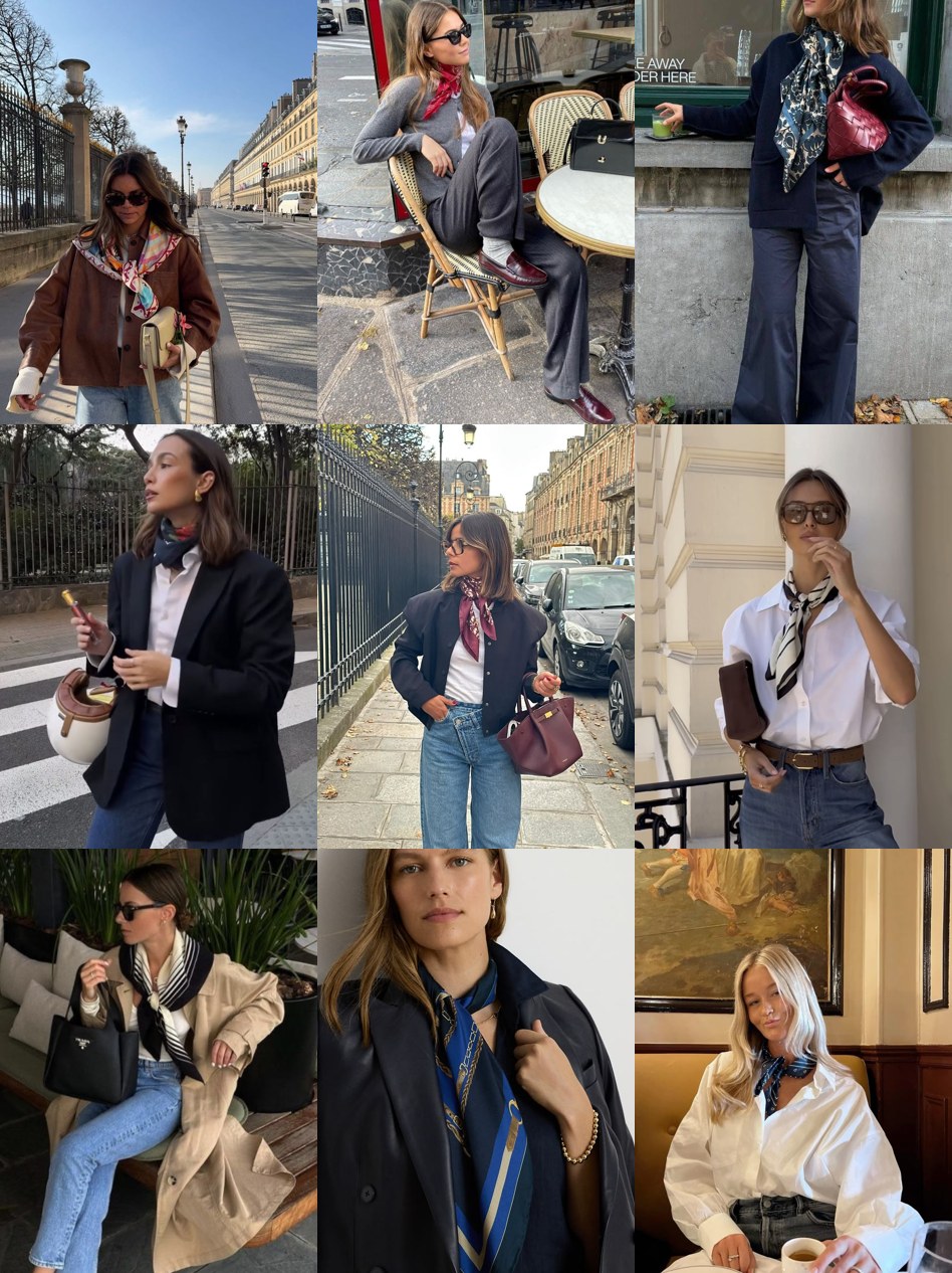 Street style collage of women wearing silk scarves at the neck, in their hair and on bags