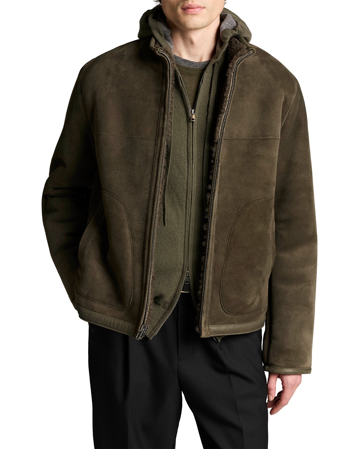 Shearling Leather Funnel Neck Zip Jacket