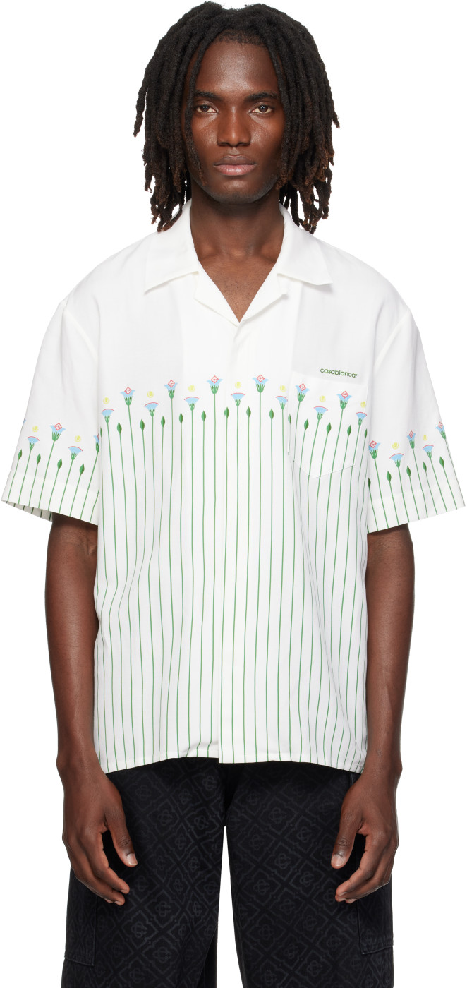 White Linen Floral Stripe Sporty Short Sleeve Shirt