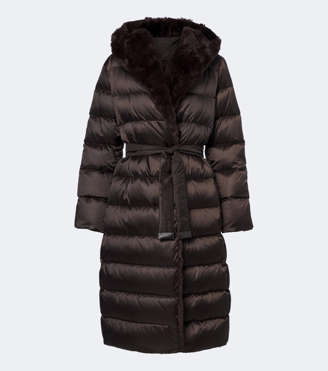 Belted hooded puffer coat