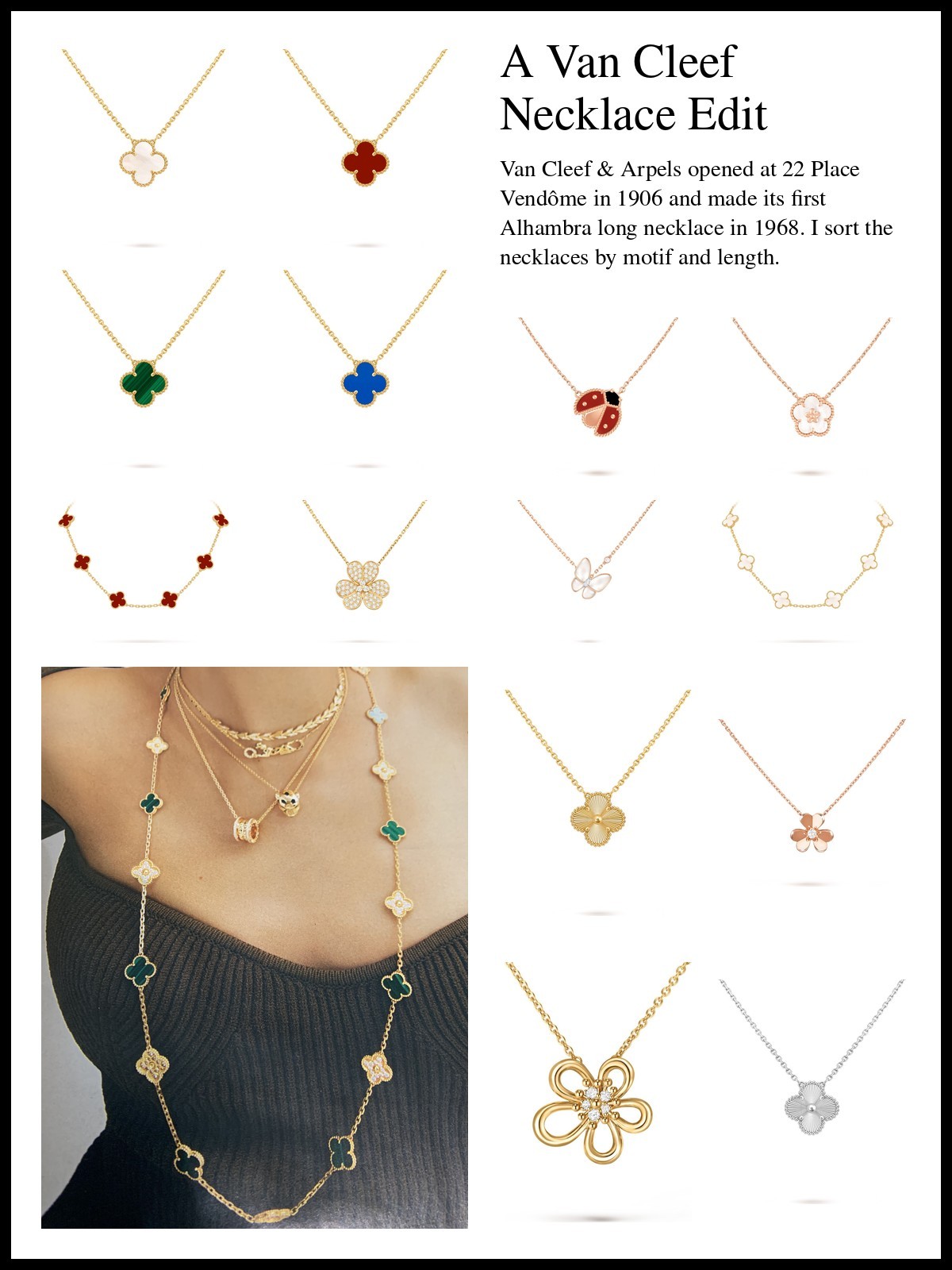 Collage of Van Cleef & Arpels necklaces: Vintage Alhambra pendants in mother-of-pearl, carnelian, malachite and blue agate, Lucky Spring ladybug and plum blossom pendants, 10-motif Alhambra necklaces, Frivole and Two Butterfly pendants, a guilloché Alhambra and a Flowerlace pendant, with a photo of layered gold necklaces and a long clover necklace over a black knit.