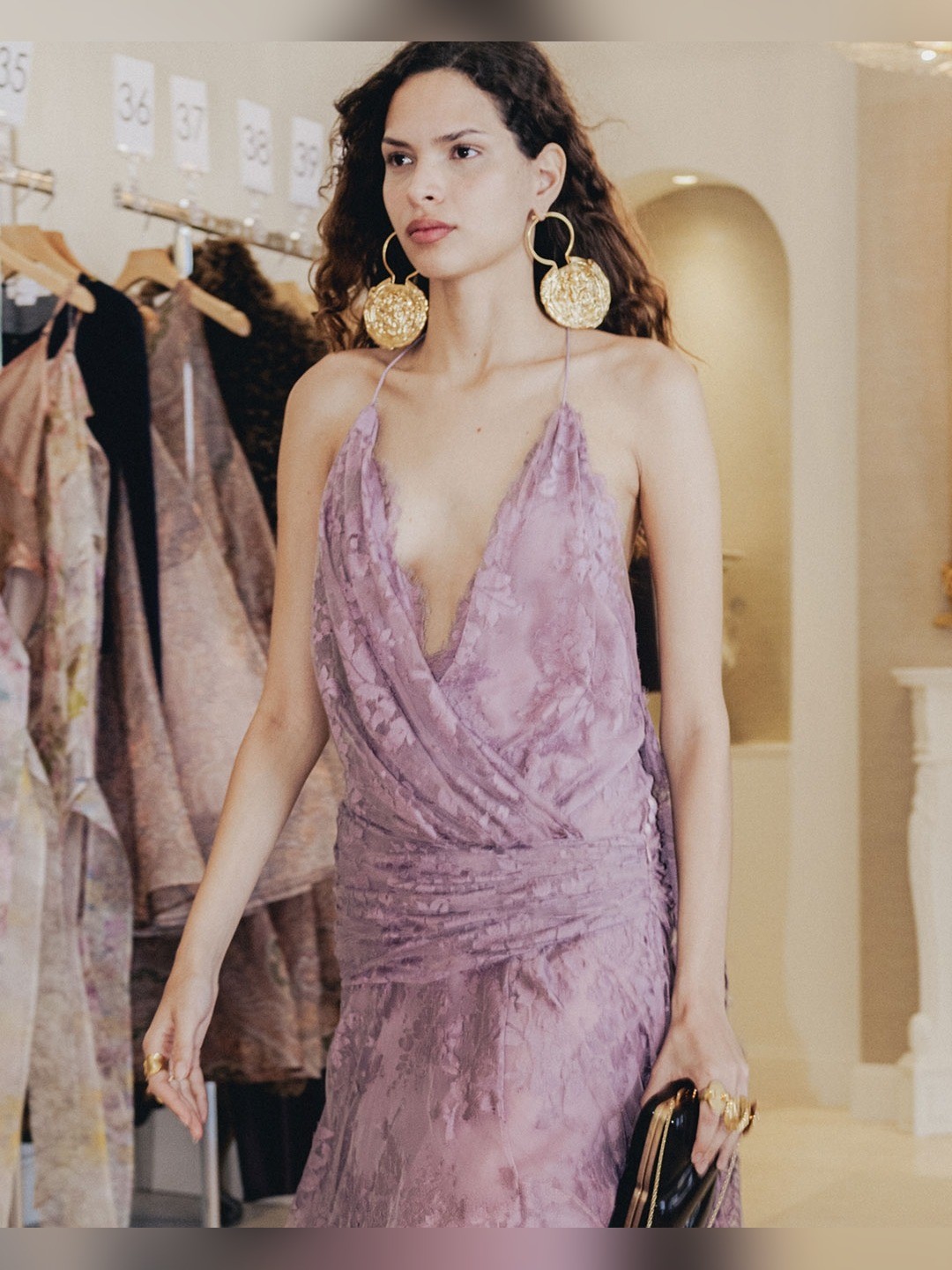 Lilac Lace Evening outfit: A soft, romantic pick for a summer wedding or a long dinner.