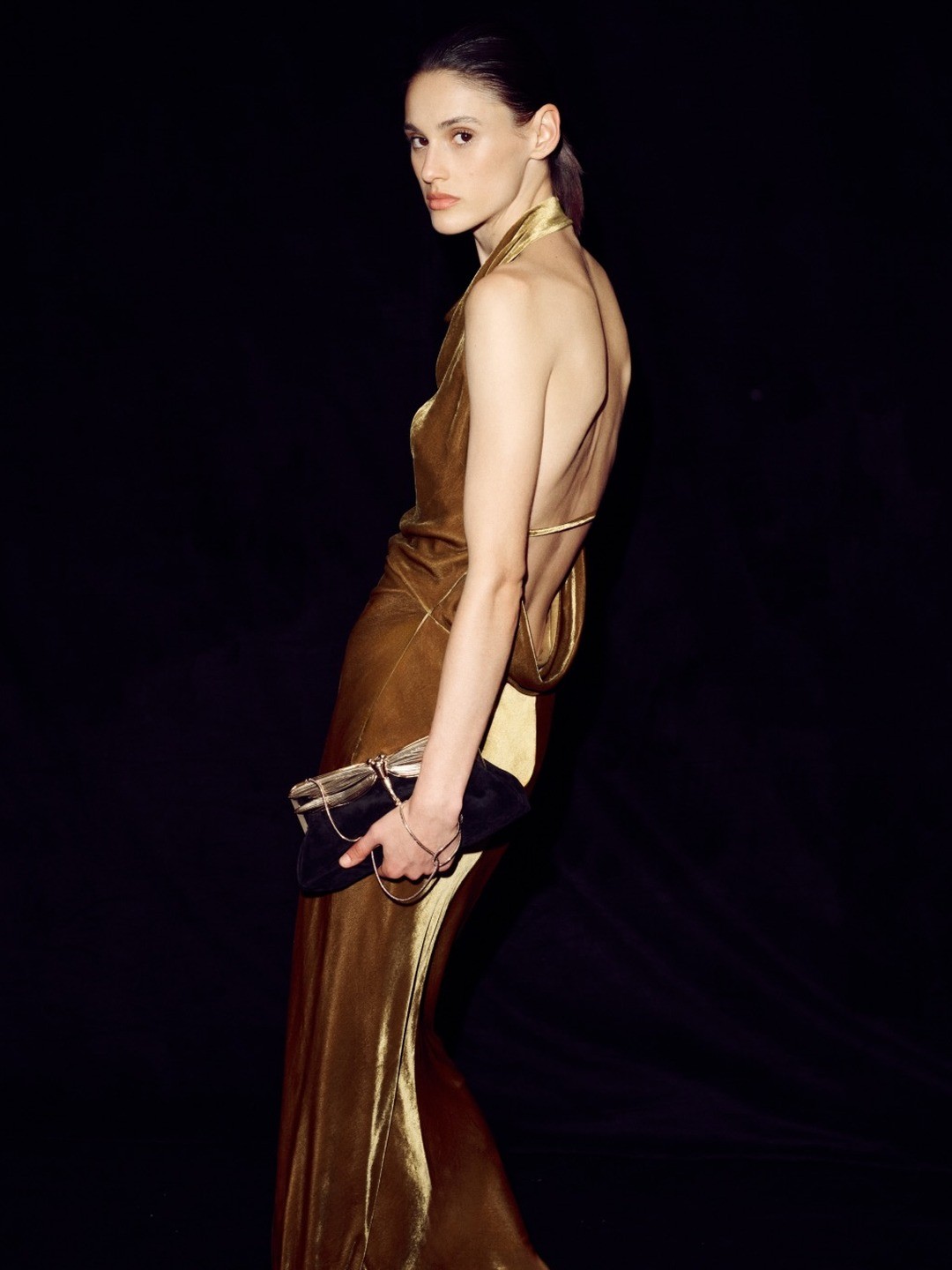 Goldenrod Halter Gala outfit: Liquid gold for a holiday dinner.