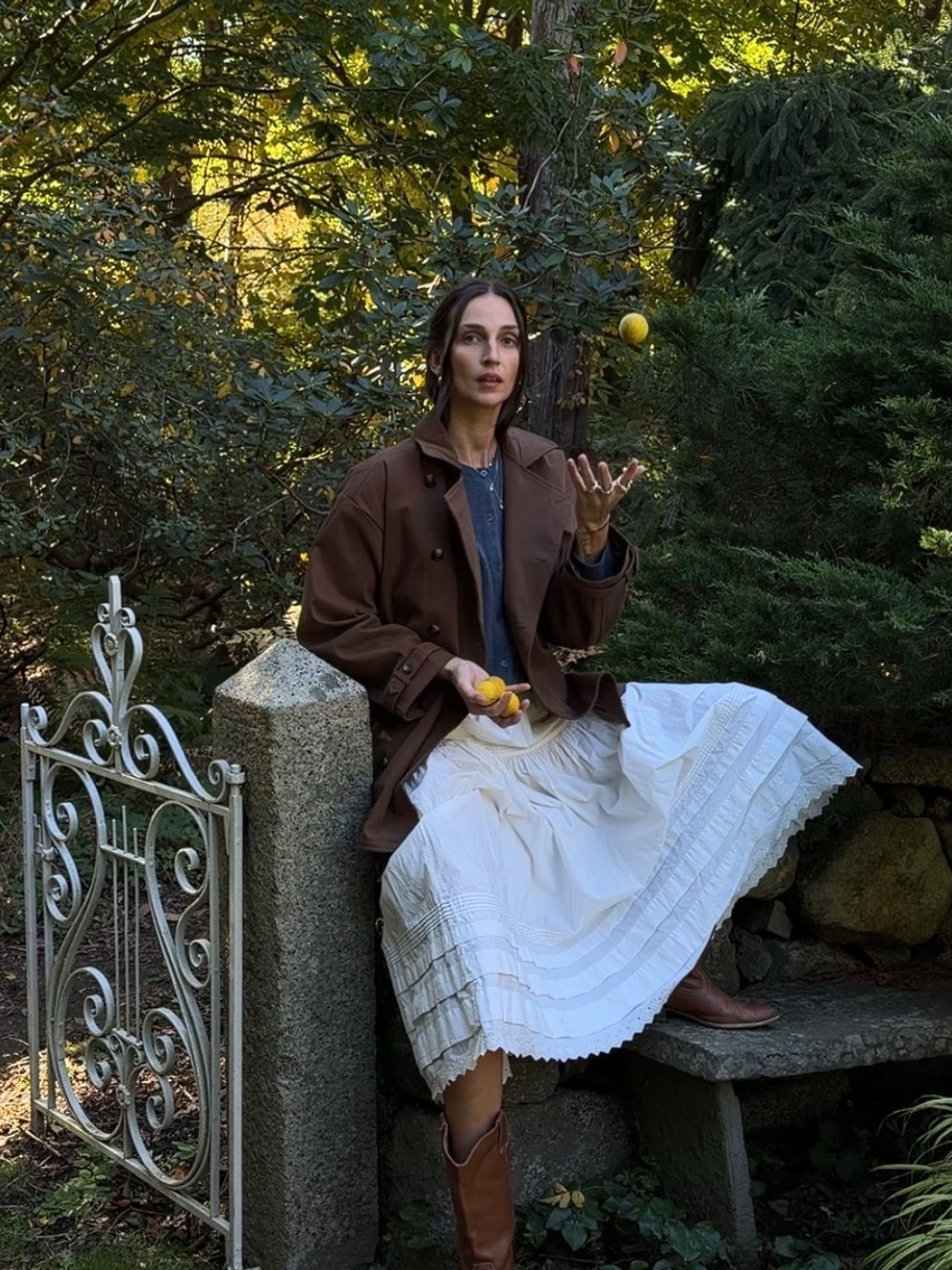 Brown Trench Garden Day outfit: Slouchy and storybook for a crisp autumn afternoon.