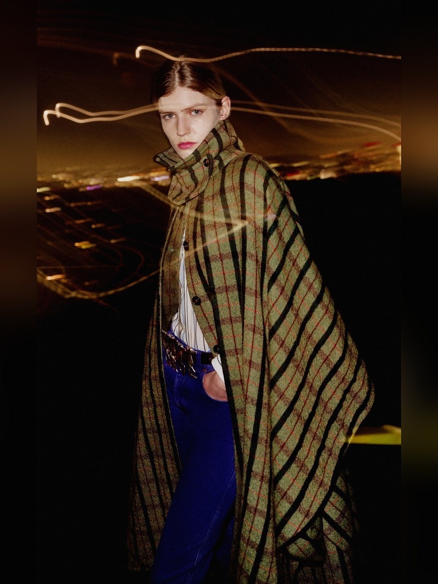 Plaid Cape City Night outfit: Effortless drama for a night in the city.