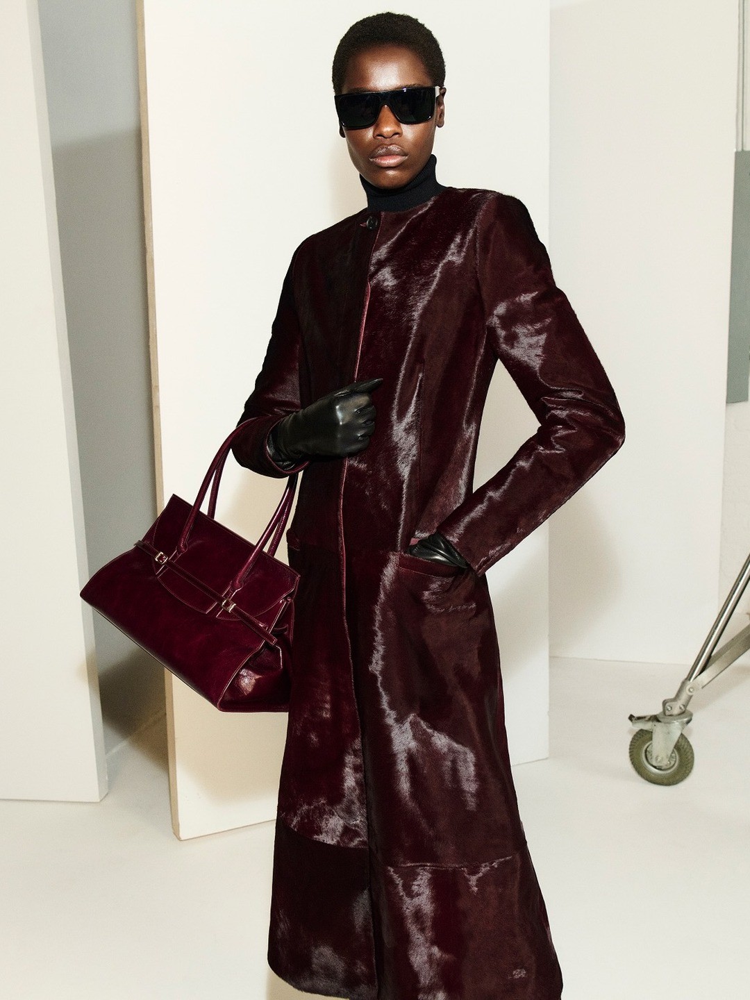 Fig Calf Hair Coat Day outfit: Statement outerwear for a cold-weather commute.