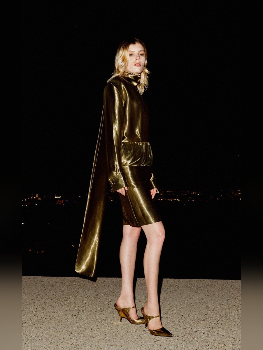 Gold Lamé Party Night outfit: A liquid-metal look for a holiday party.