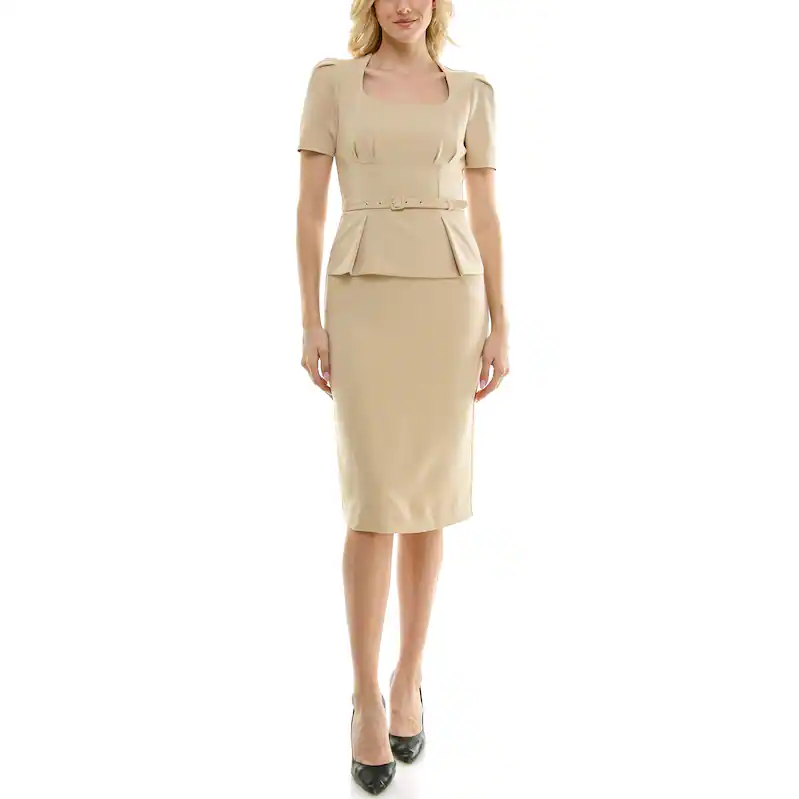 Overstock Nicole Miller Peplum Belted Portrait Neckline Twill Dress