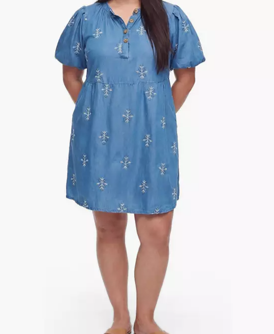 Plus Size Belle Isle Puff-Sleeve Embroidered Chambray Mini Dress