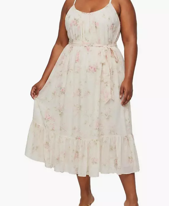 Plus Size Tea-Length Floral Scoop-Neck Dress