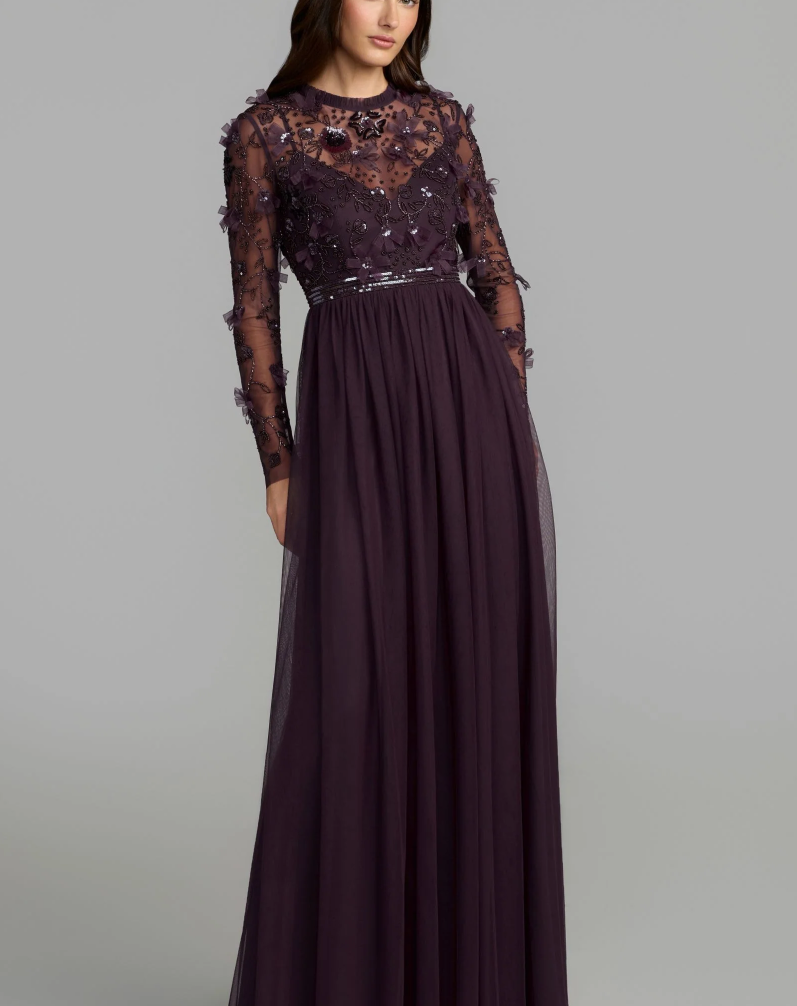 Purple Embellished Illusion High Neck Long Sleeve Gown