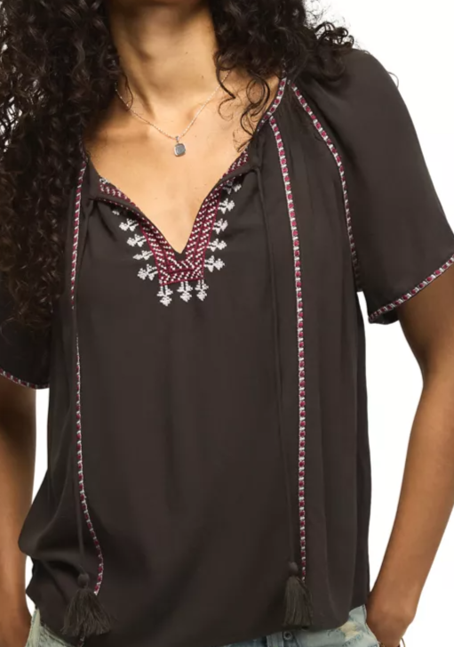 Women's Embroidered Split Neck Peasant Top