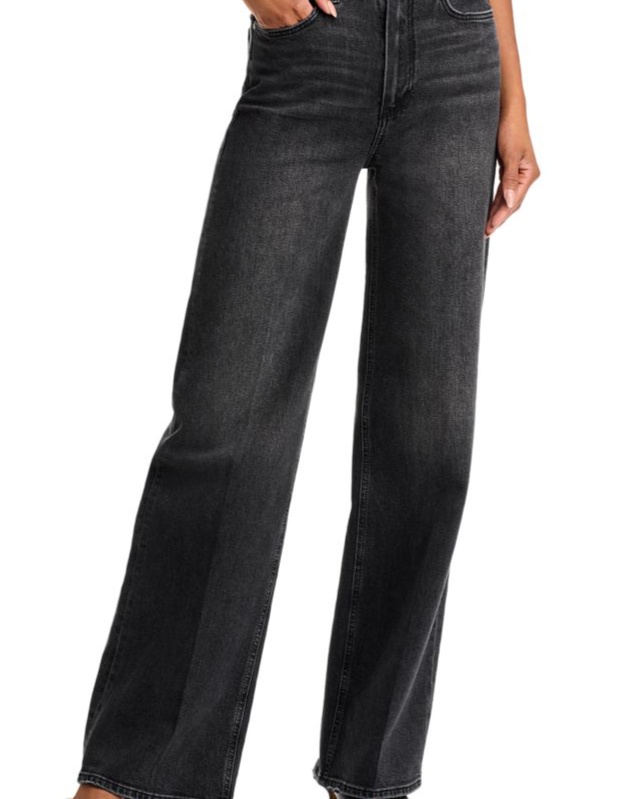 BLOOMINGDALE'S PAIGE SASHA HIGH RISE WIDE LEG JEANS IN VIPER BLACK DISTRESSED