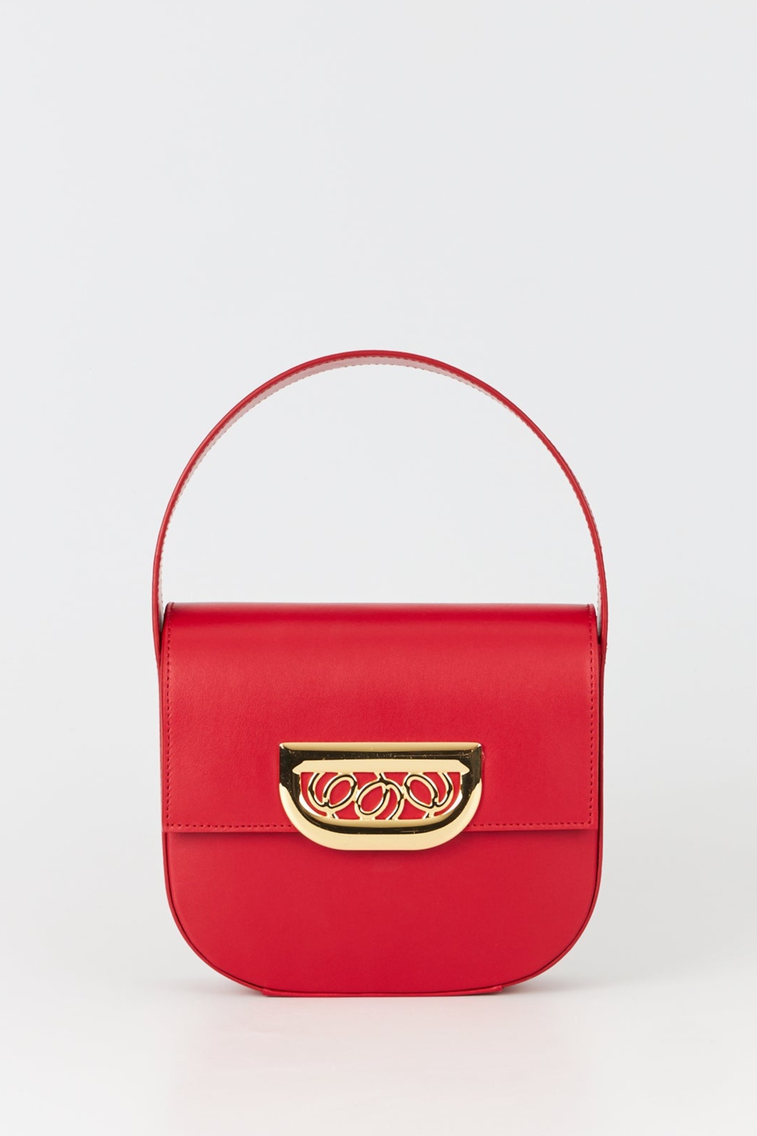 Bright red leather handbag with golden latch