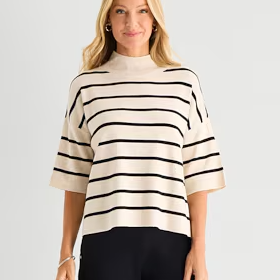 Liz Claiborne Womens Mock Neck Short Sleeve Striped Pullover Sweater