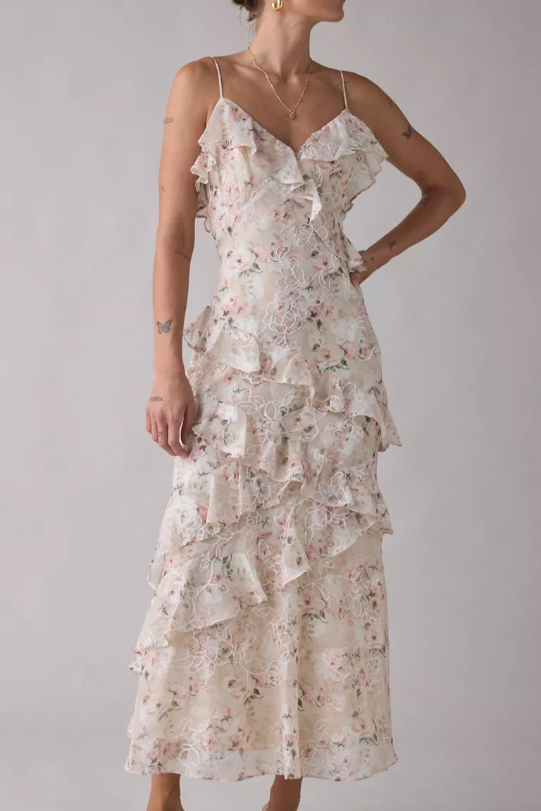 URBAN OUTFITTERS Lulus Bryson Embroidered Floral Asymmetric Ruffle Maxi Dress