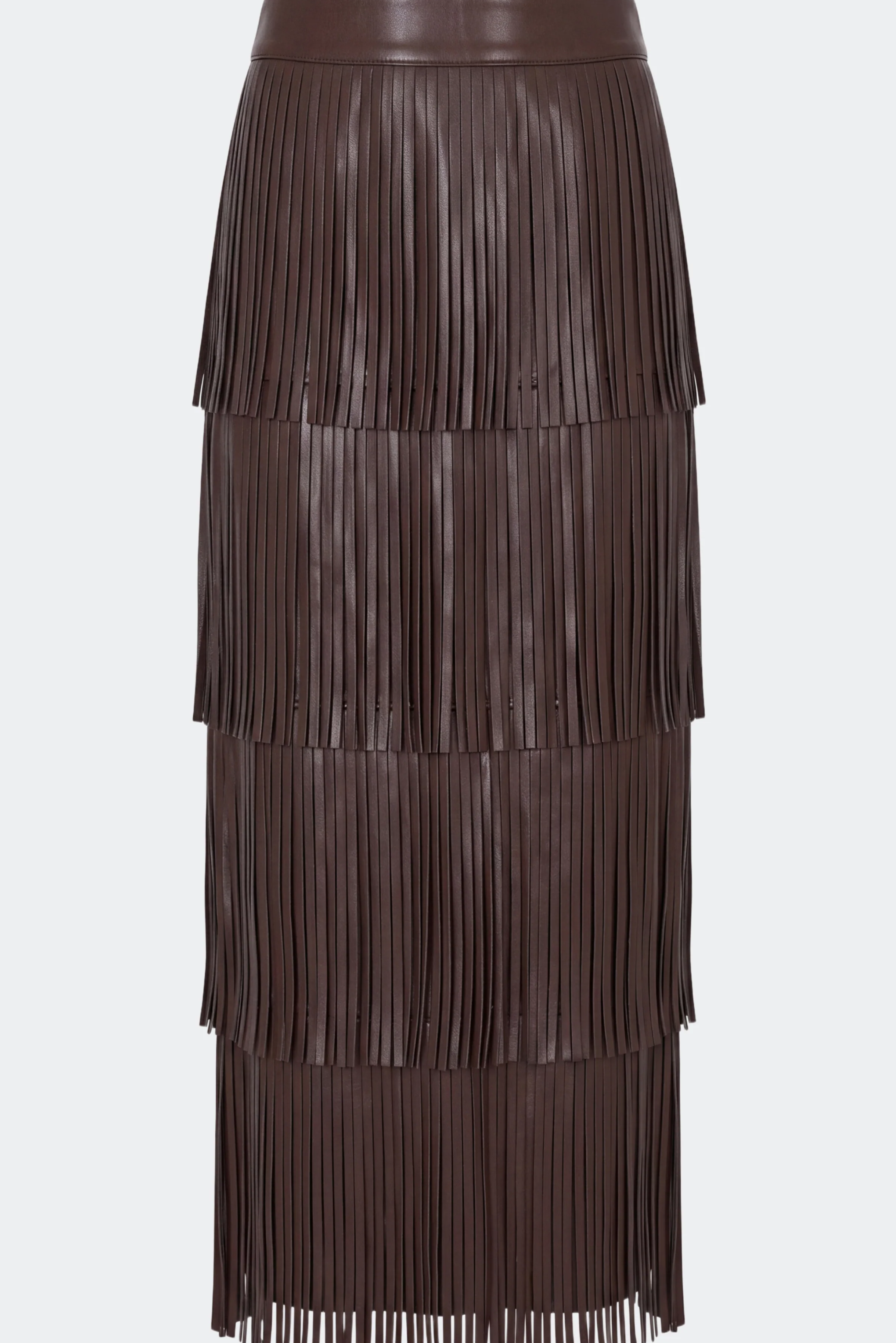 Za Za Vegan Leather Fringe Skirt In Dark Choco Brown