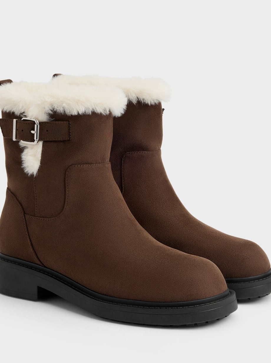 Joni Faux Suede Fur-Trim Ankle Boots - Dark Brown Textured