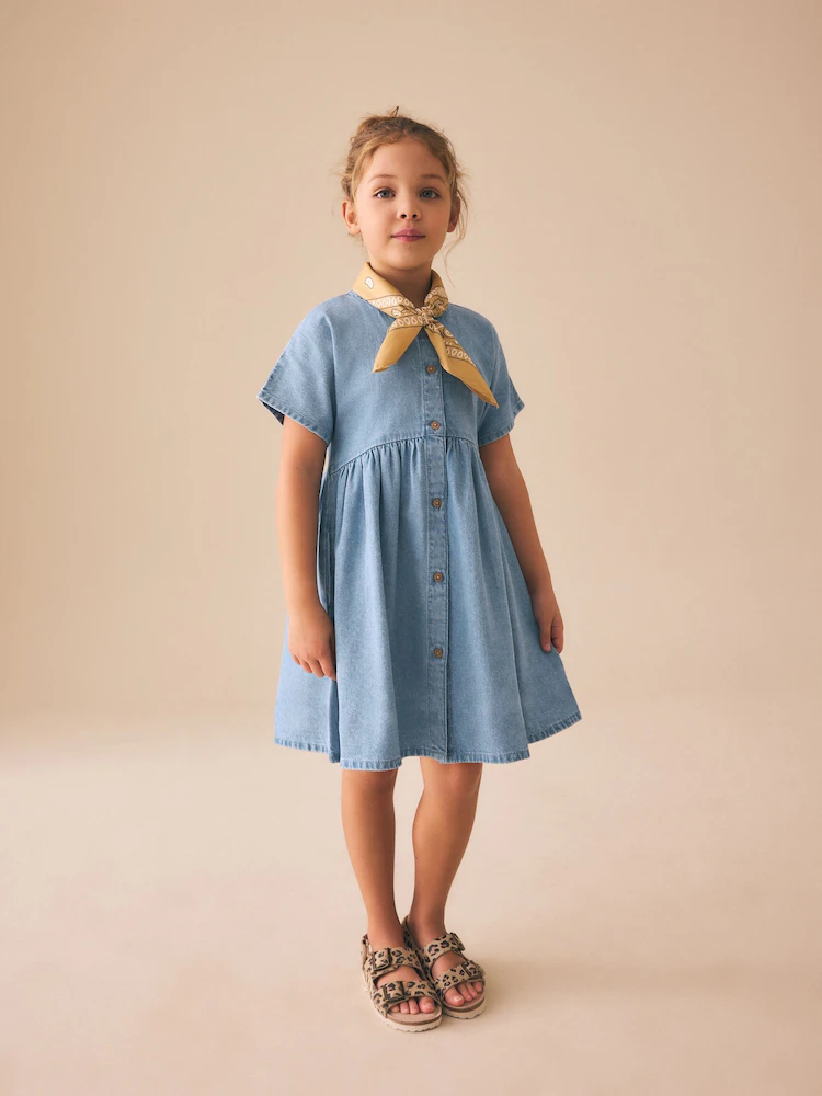 Blue Denim Button Through Short Sleeve Dress (3-16yrs)
