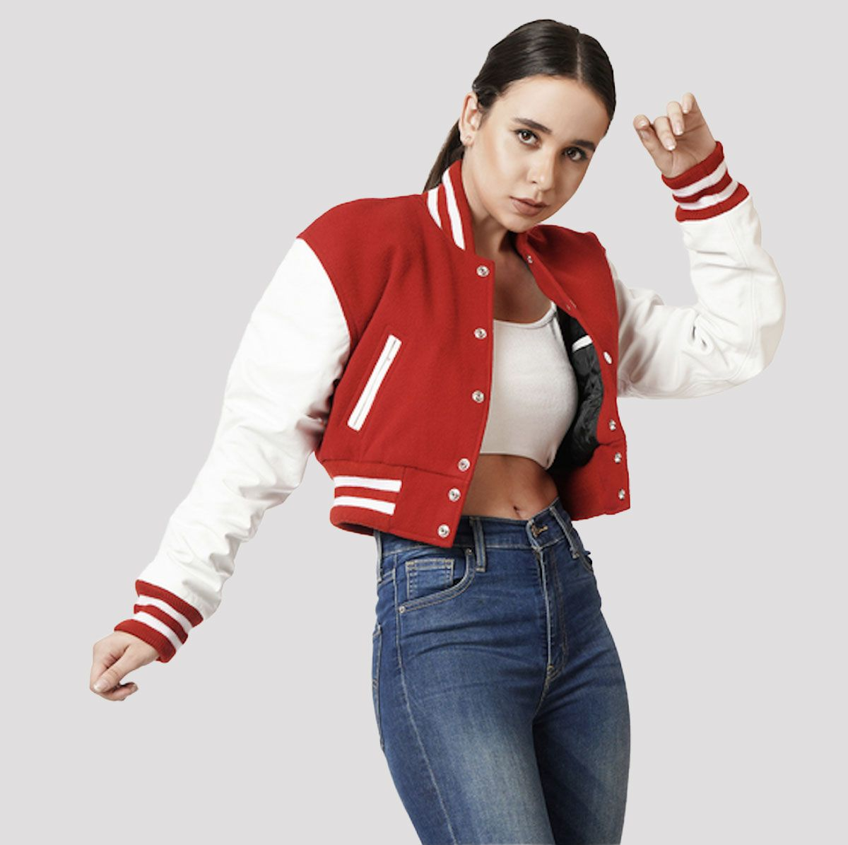Varsity Base Scarlet Red & White Crop Top Letterman Jacket