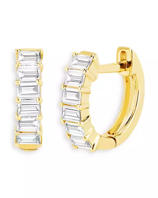 14K Yellow Gold Diamond Baguette Huggie Hoop Earrings