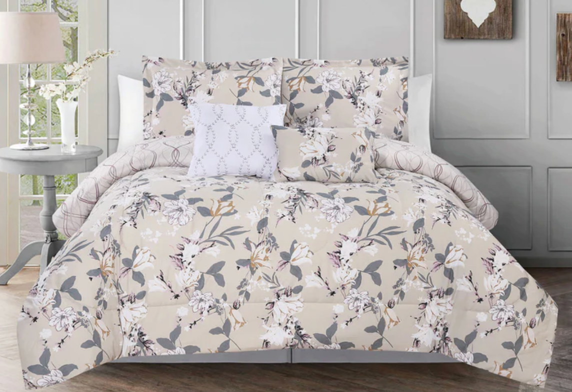 ShopBobbys Abington 5 Piece Reversible Floral Comforter Set, Beige