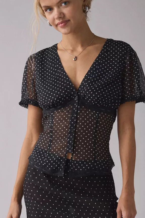 URBAN OUTFITTERS UO Mitchelle Semi-Sheer Polka Dot Chiffon Puff Sleeve Blouse