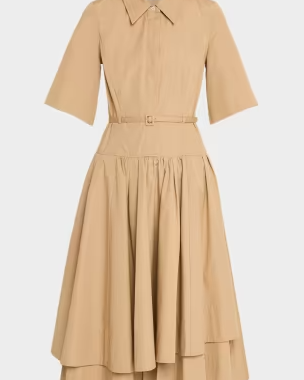 Short-Sleeve Belted A-line Dress