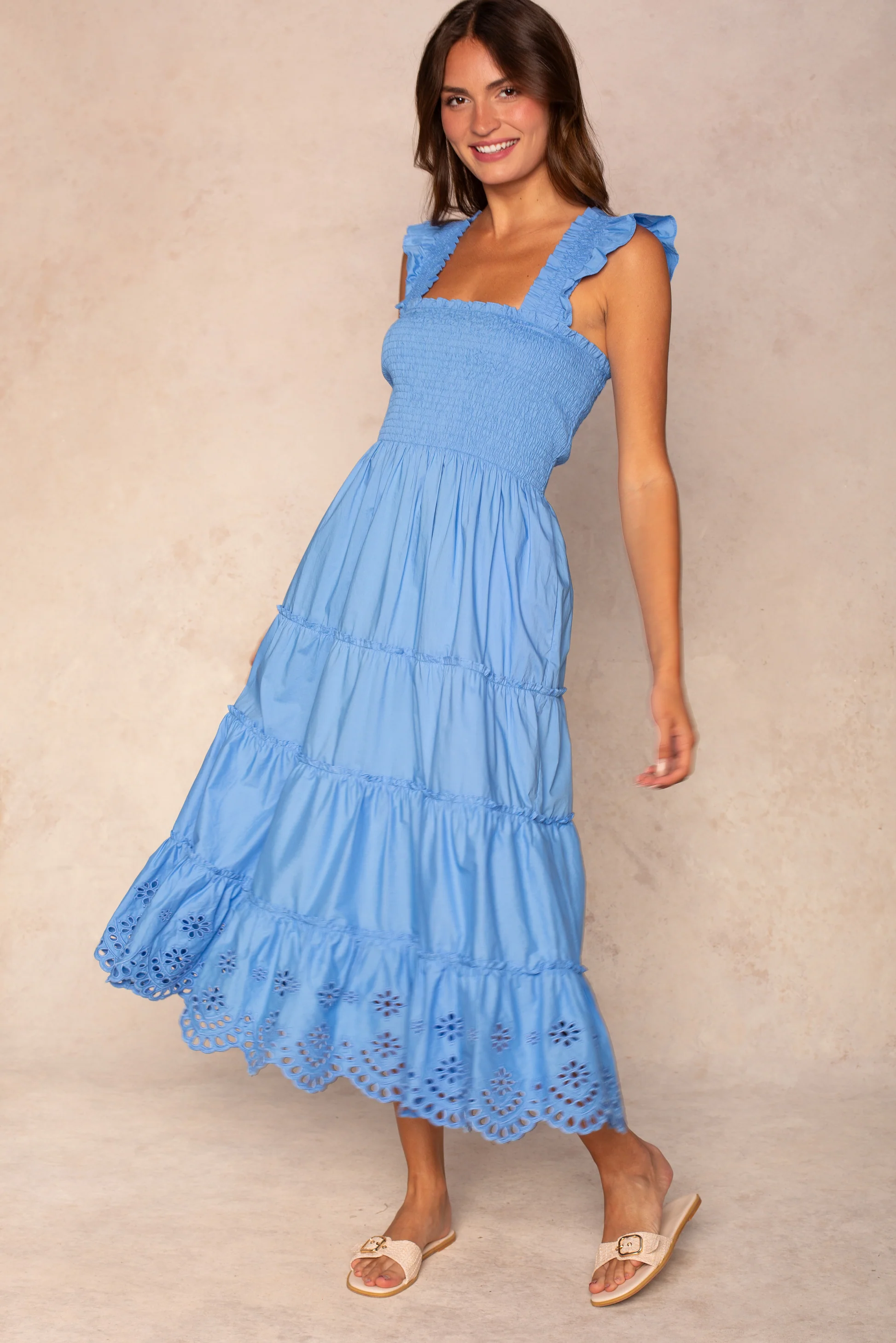 Calypso Smocked Scallop Midi Dress
