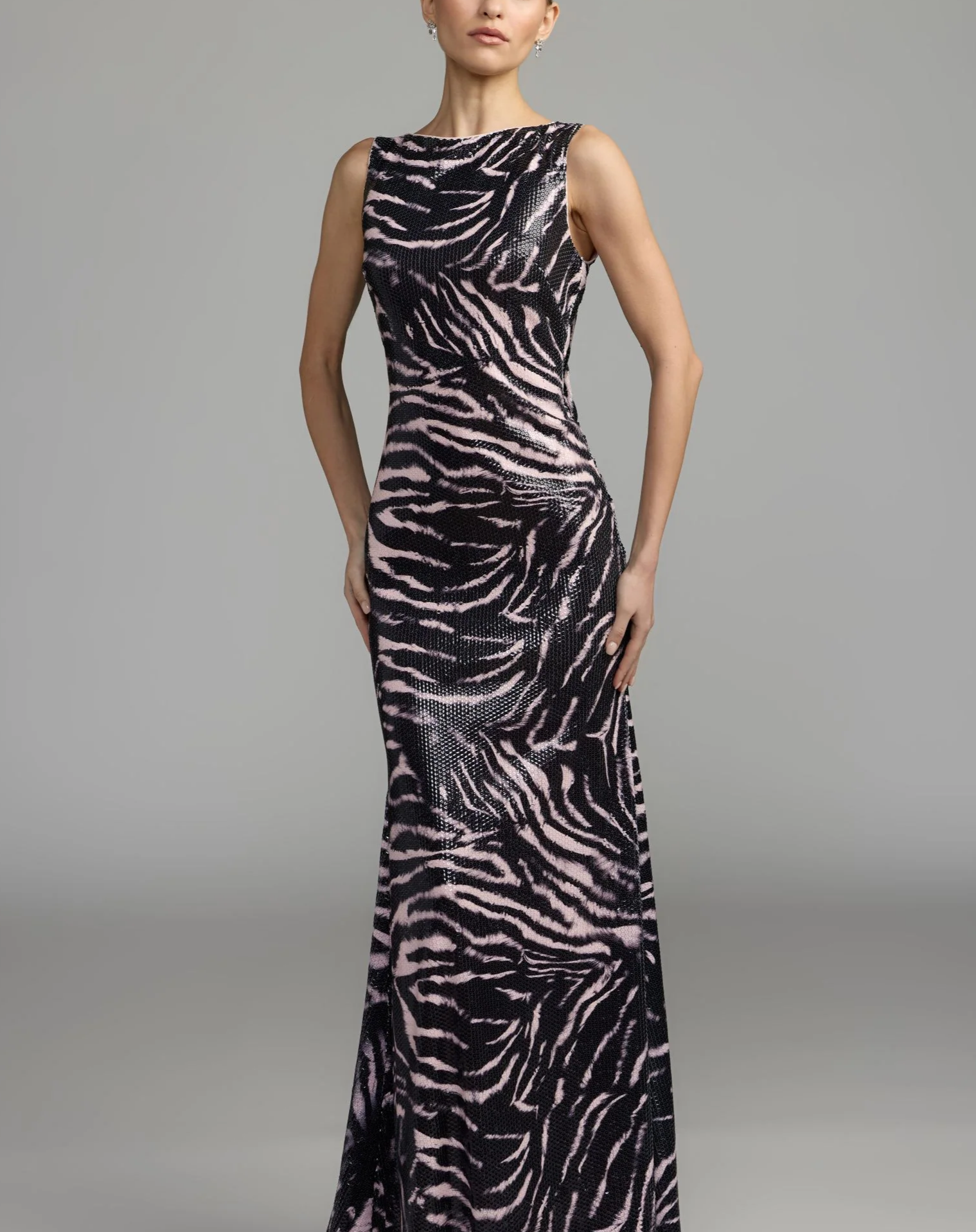 Black and Pink Tiger Print Cowl Back Sequin Gown