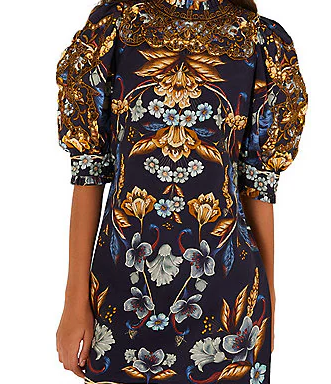 Golden Nature Printed Mock Neck Short Sleeve Mini Sheath Dress