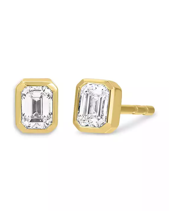 14K Yellow Gold EF Collection Diamond Emerald Cut Solitaire Stud Earrings