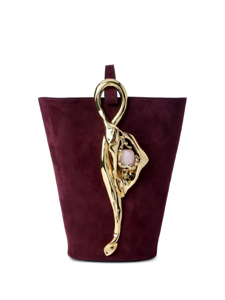Sculptural handle suede clutch bag