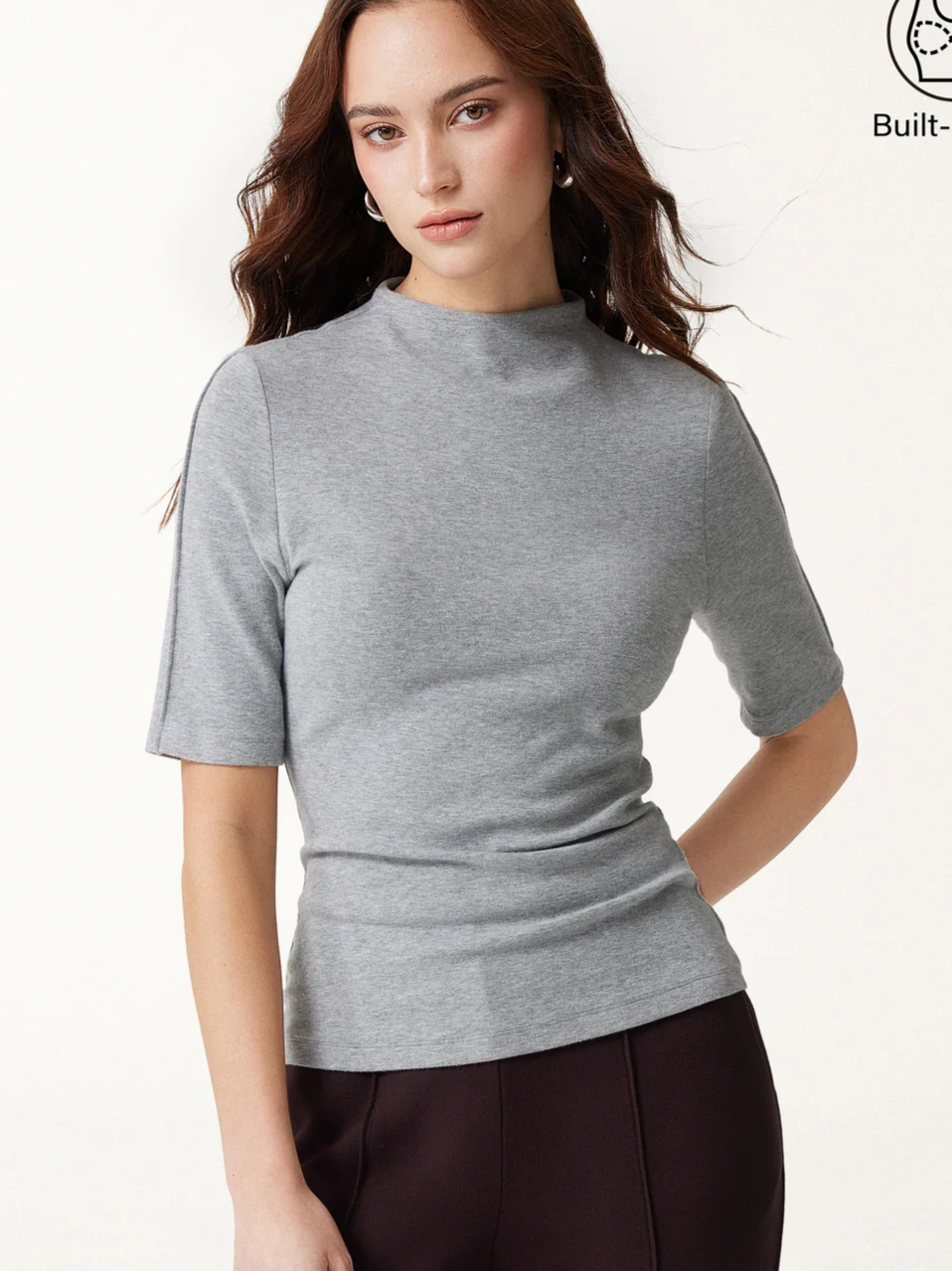 LiteWarm Mock Neck Elbow Sleeve Pintuck Built-In Bra Top