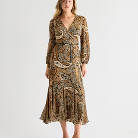 Sam And Jess Womens Midi V Neck 3 4 Sleeve Balloon Chiffon Paisley Fit Flare Dress