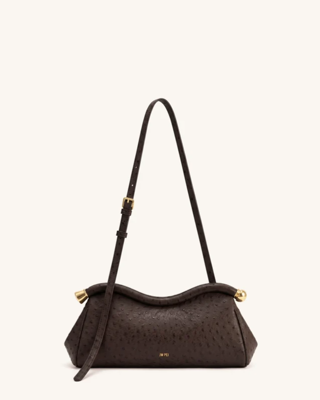 Naomi Faux Ostrich Grain Curved Shoulder Bag - Dark Brown