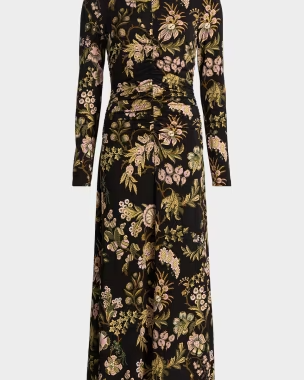 Maisy Long-Sleeve Floral Ruched Midi Dress