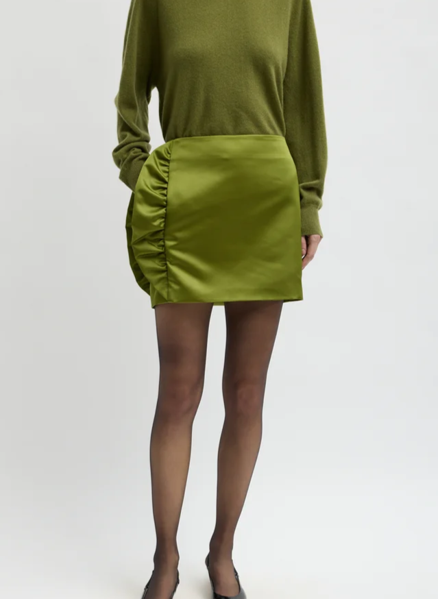 Tech Satin Side Ruffle Mini Skirt