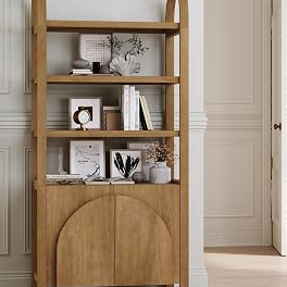 Nathan James Iris 3 Tier Bookshelf, Arched Bookcase Cabinet, Solid Wood Bookcase with Cabinet Base, Boho Bookshelf in Unbrushed Light Brown Finish